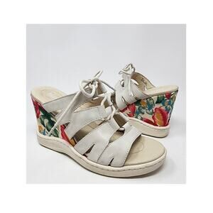 Born Piru Wedge Sandals Women 7M Tropical Floral Heel Bone White Leather F20101